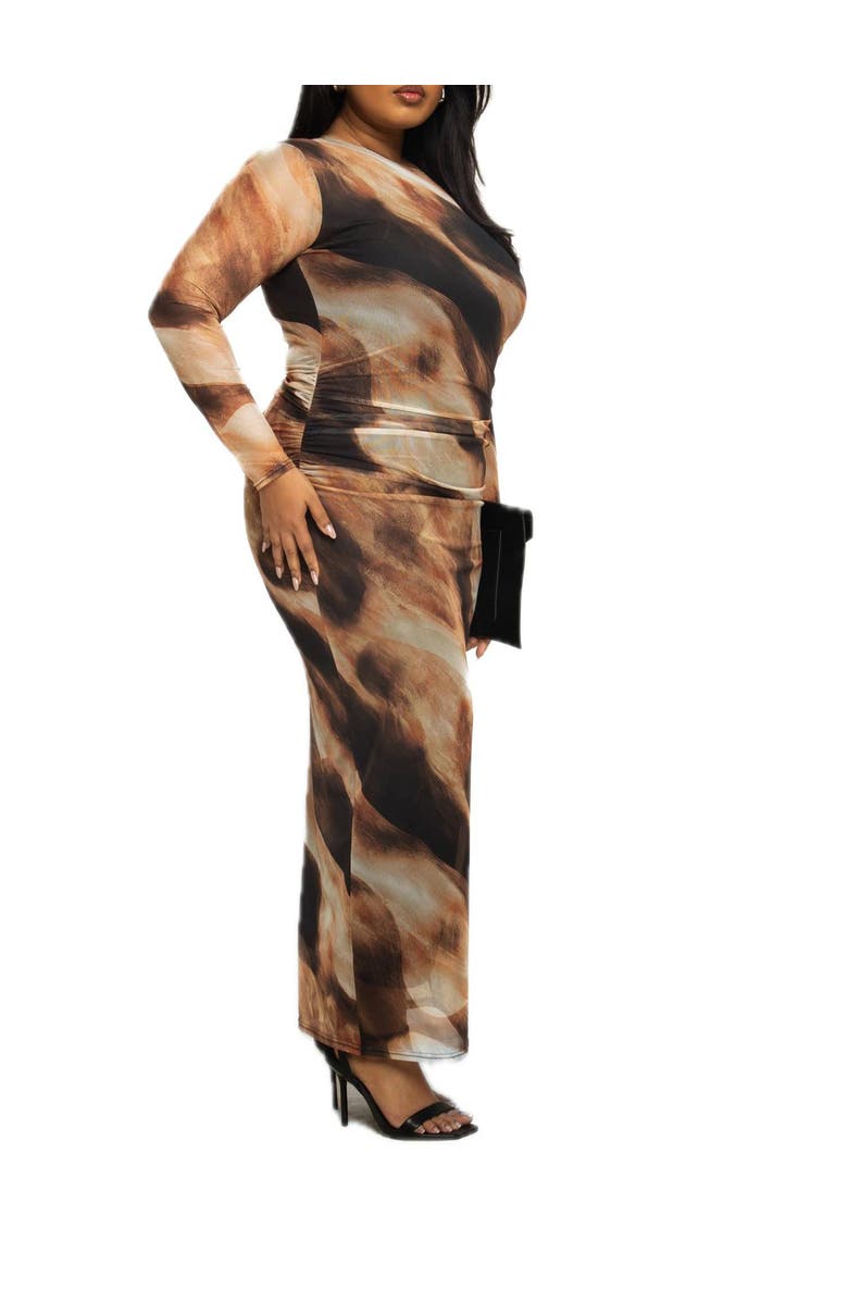 FASHION-SZN CURVE Long Sleeved Abstract Print Midaxi Dress, Alternate, color, Brown