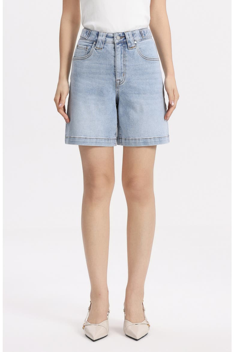 High Waist Mid Thigh Denim Shorts, Main, color, LIGHT BLUE