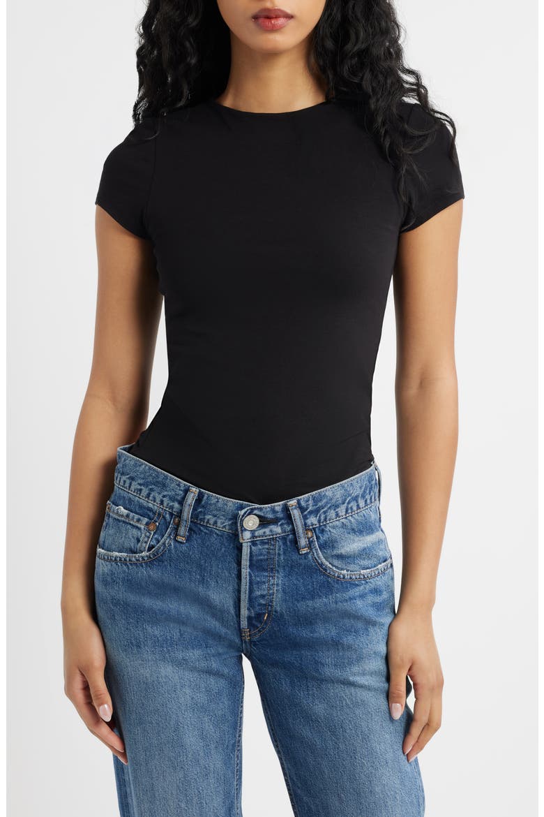 Strech Cotton Cap Sleeve T-Shirt, Main, color, BLACK