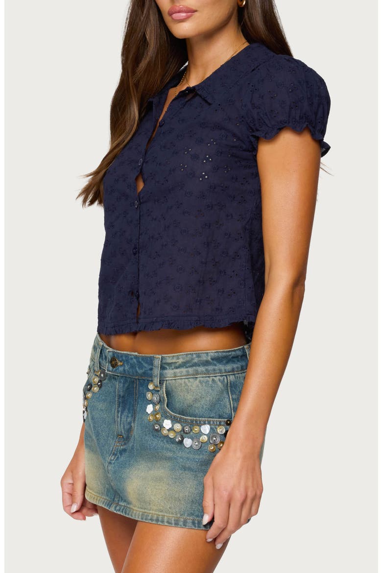Lanie Eyelet Short Sleeve Crop Button-Up Shirt, Alternate, color, NAVY