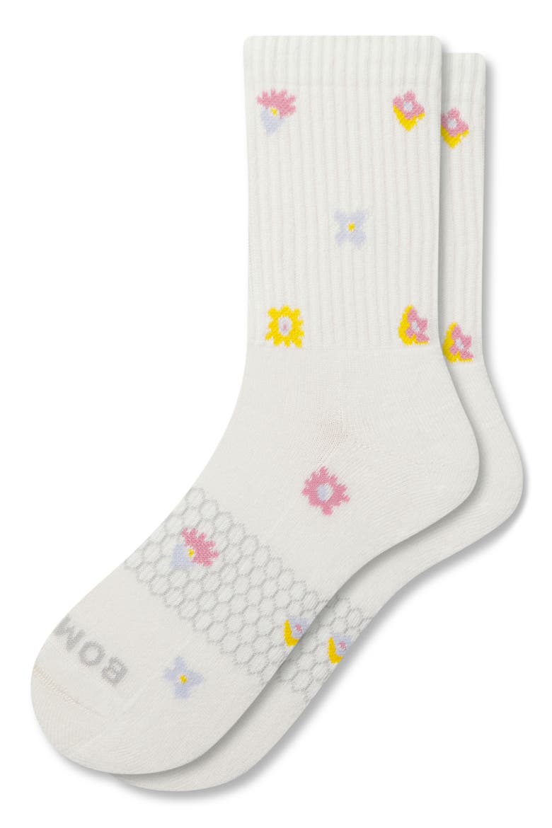 Tossed Flowers Cushioned Cotton Blend Crew Socks, Alternate, color, WHITE