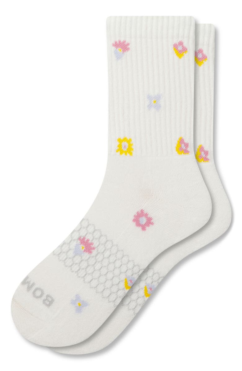 Bombas Tossed Flowers Cushioned Cotton Blend Crew Socks, Alternate, color, White