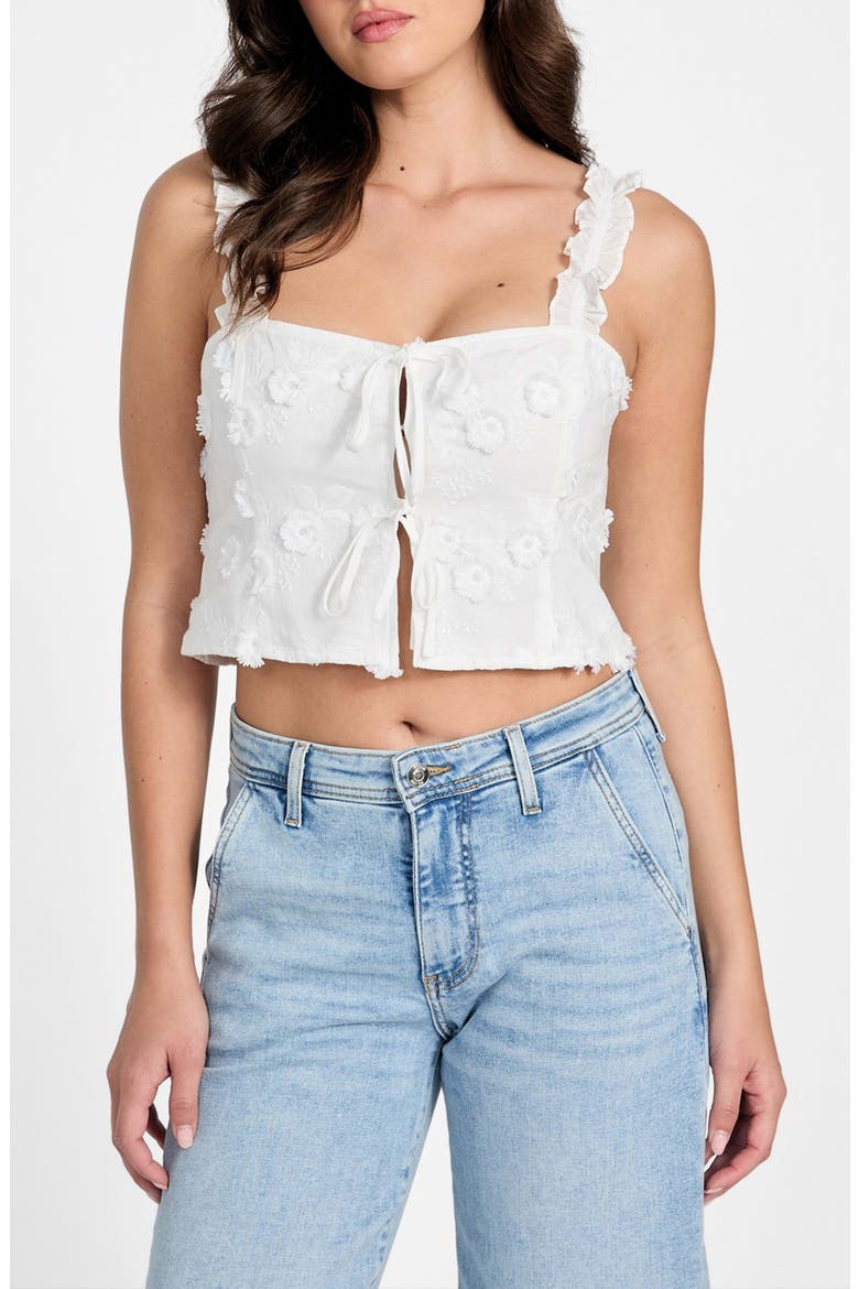Zurey Floral Embroidered Tie Front Crop Top, Main, color, WHITE
