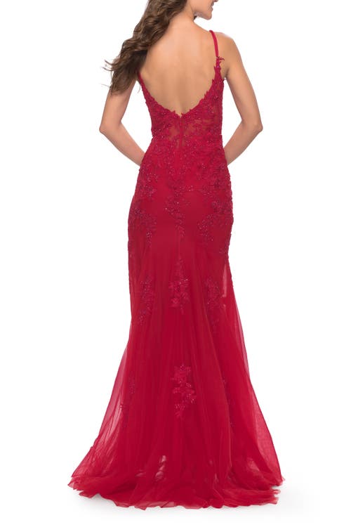 La Femme Lace Dress With High Side Slit And V Neckline In Red
