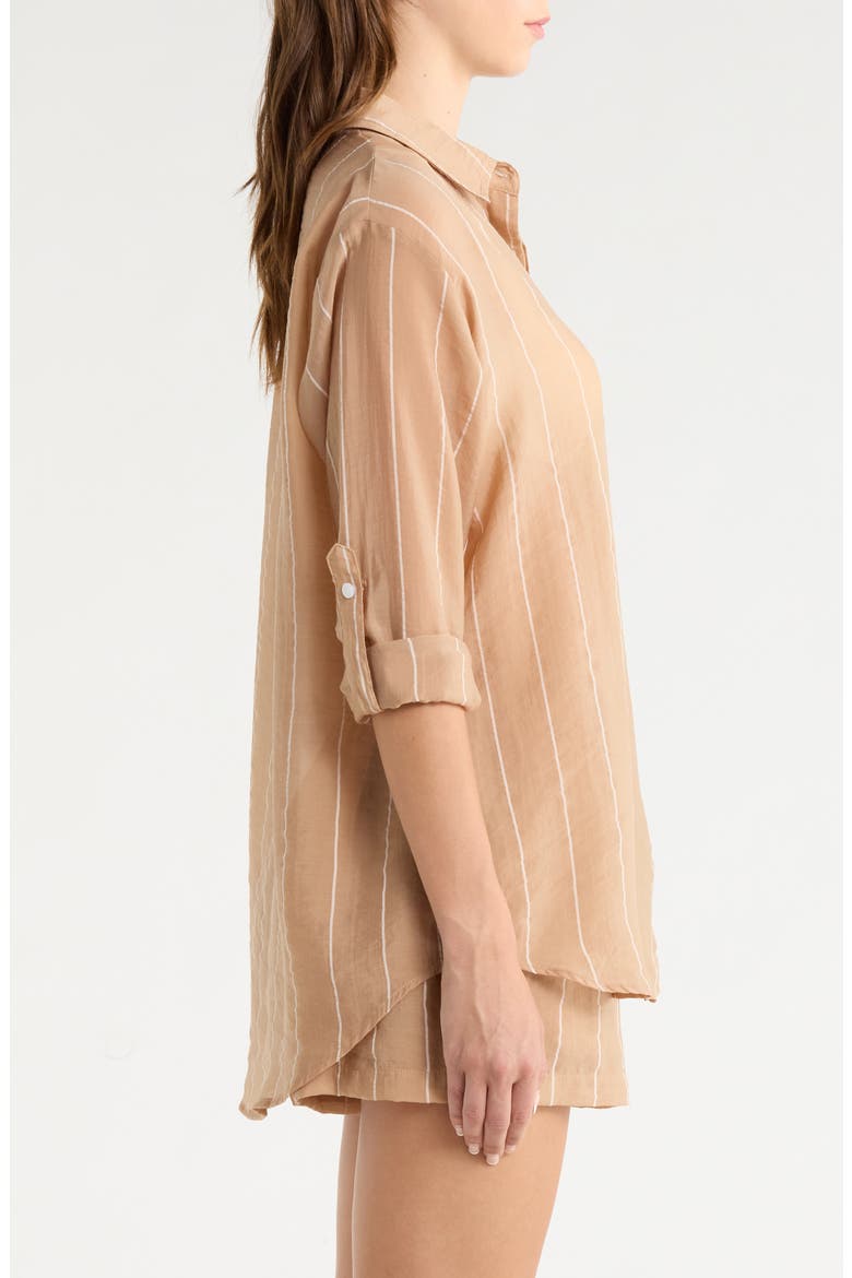 Stripe Oversize Cotton Button-Up Cover-Up Shirt, Alternate, color, TAN