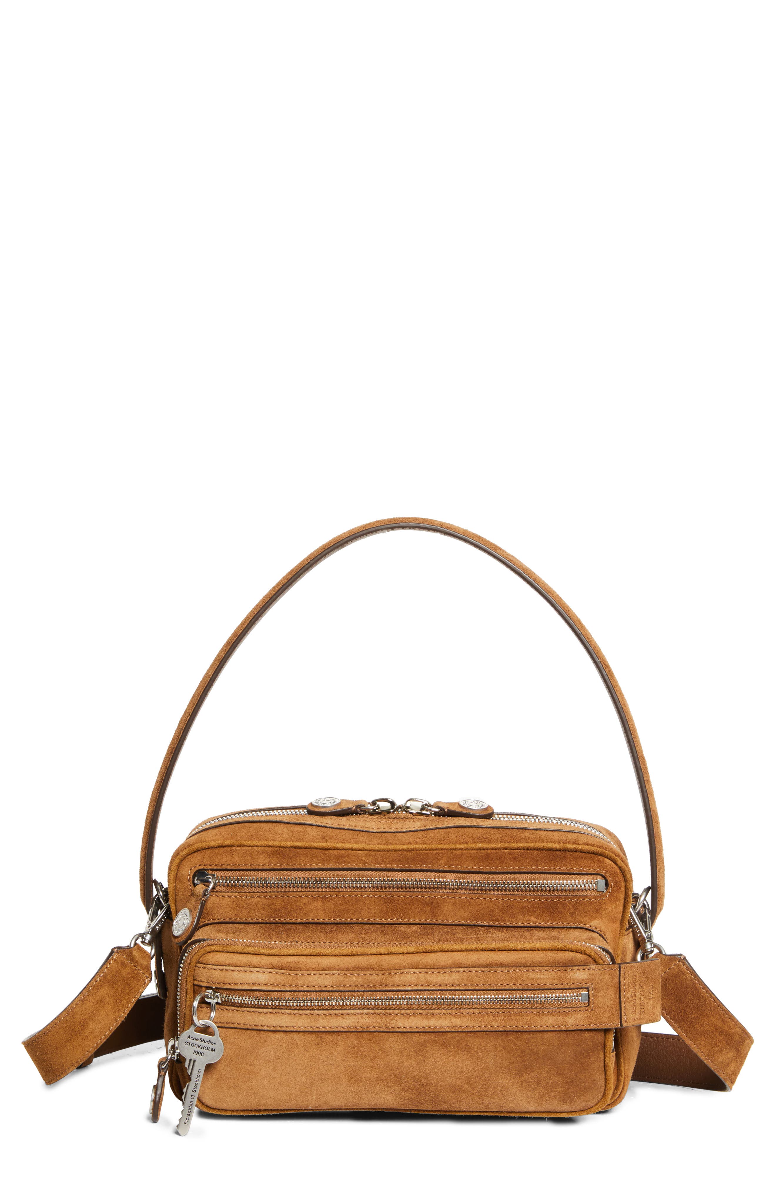 Acne Studios Camero Party Suede Shoulder Bag, Main, color, Cognac Brown