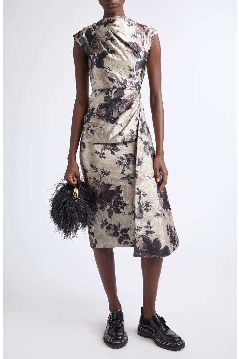 Floral Draped Textured Satin Midi Dress, Alternate, color, FONTEYN ROSE PEARL
