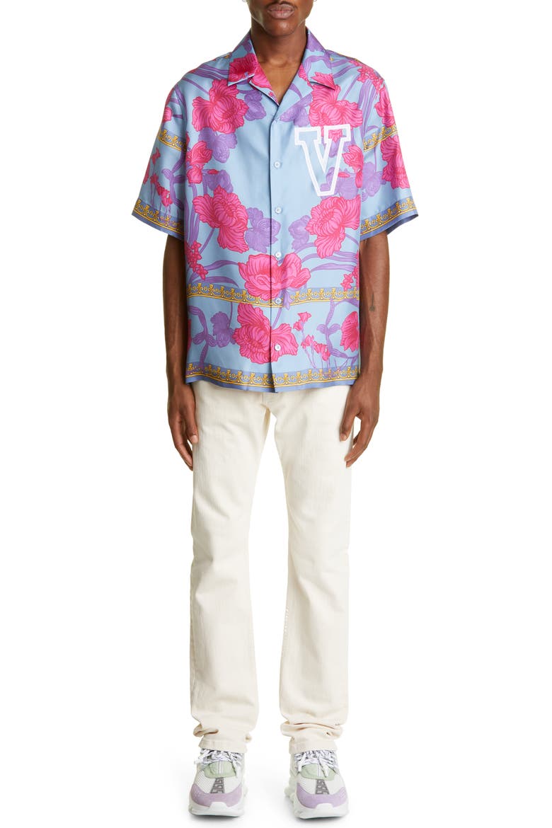 Logo Floral Print Silk Button-Up Shirt, Alternate, color, 5V250 - CORNFLOWER PRINT