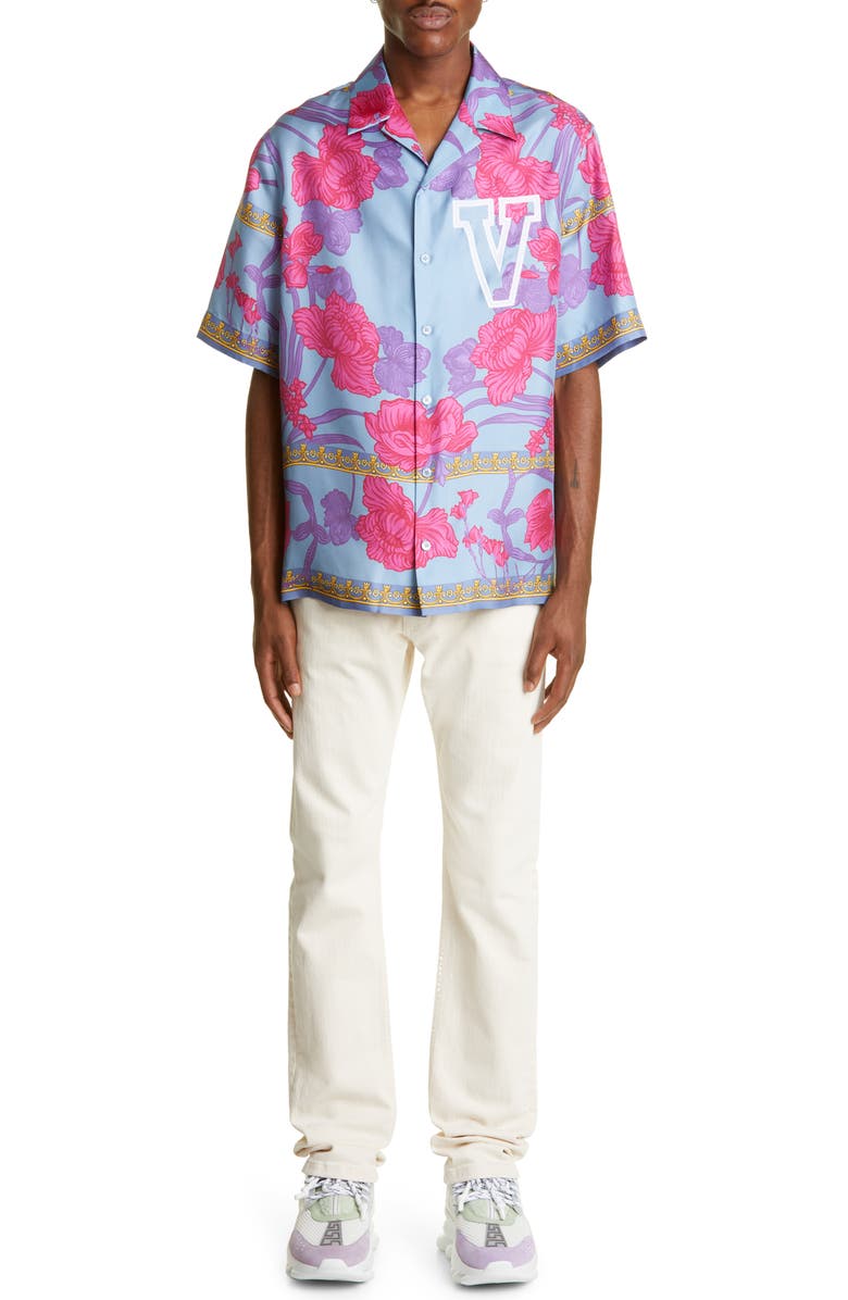 Versace Logo Floral Print Silk Button-Up Shirt, Alternate, color,
