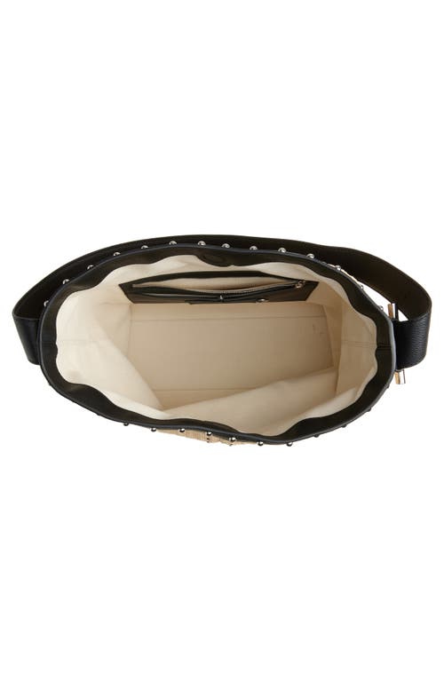 ALEXANDER MCQUEEN MCQUEEN T-BAR SLING STUDDED RAFFIA & LEATHER SHOULDER BAG