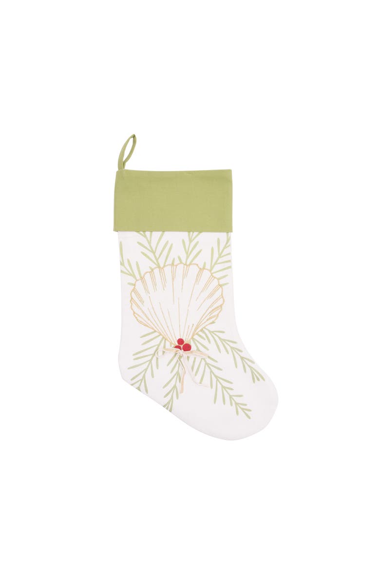 Coastal Tidings Scallop Christmas Stocking, Main, color, Green