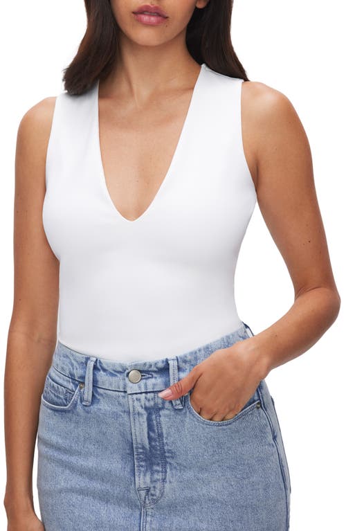 Good American Deep V-Neck Scuba Knit Thong Bodysuit in White001 at Nordstrom, Size Small