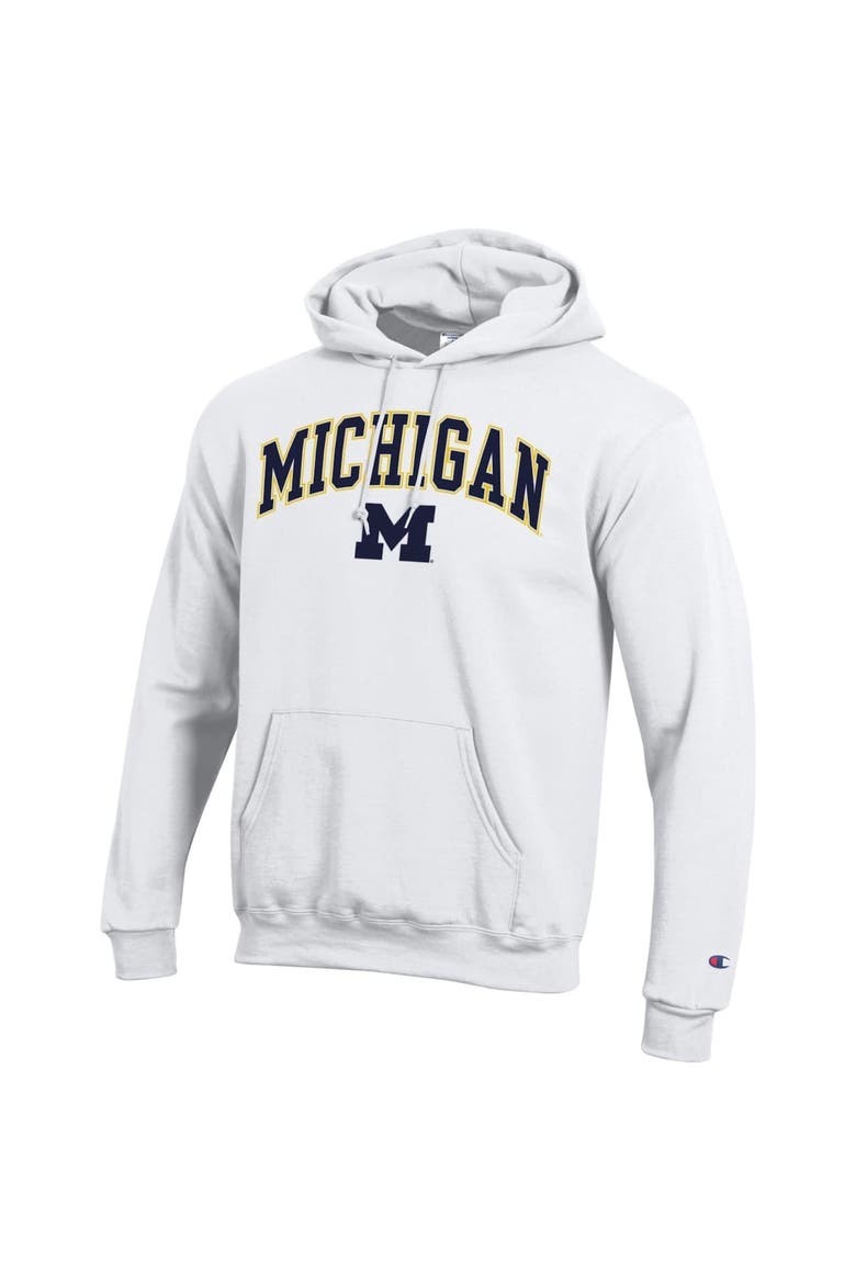 Men's Champion  White Michigan Wolverines Arched Logo Fleece Pullover Hoodie, Alternate, color, White