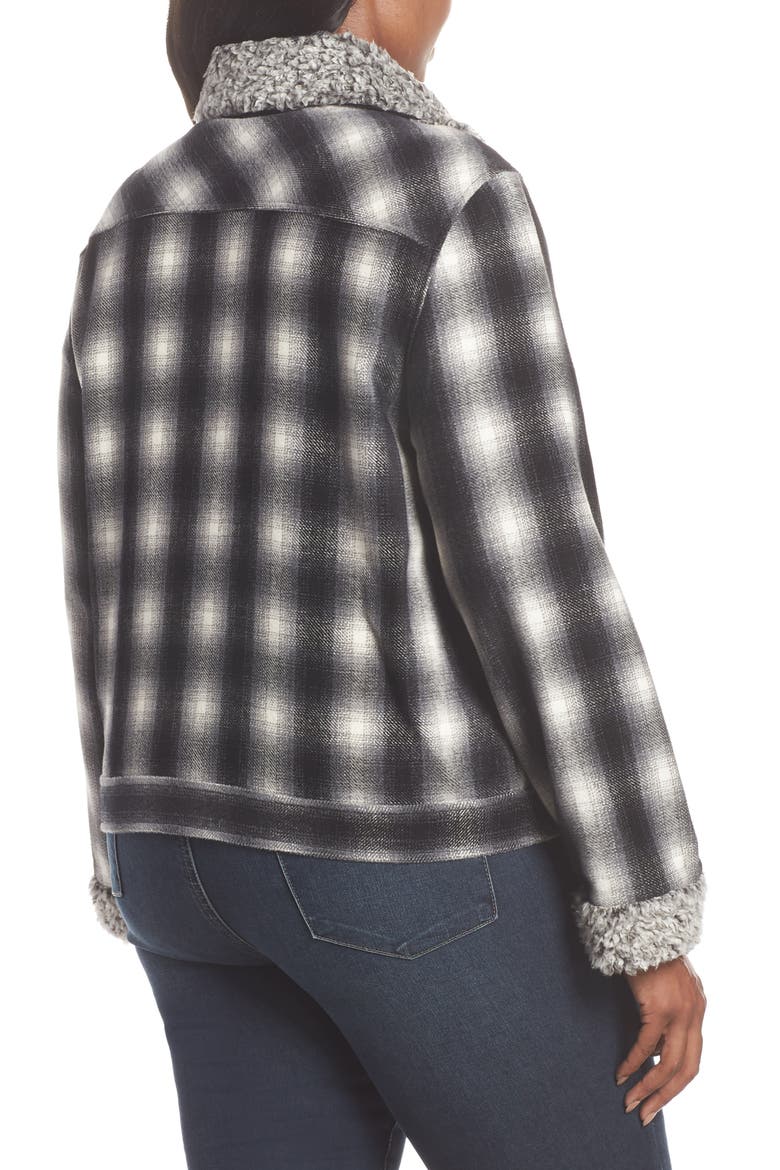 Faux Shearling Trim Plaid Jacket, Alternate, color, RICH BLACK