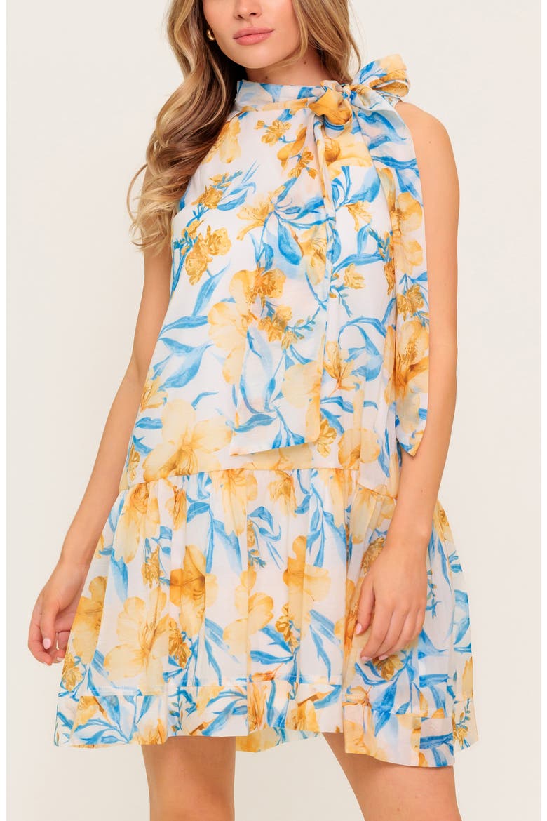 Floral Tie Neck Sleeveless Trapeze Dress, Alternate, color, BLUE/ IVORY