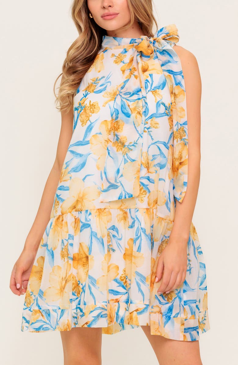 FLYING TOMATO Floral Tie Neck Sleeveless Trapeze Dress, Alternate, color, Blue/ Ivory