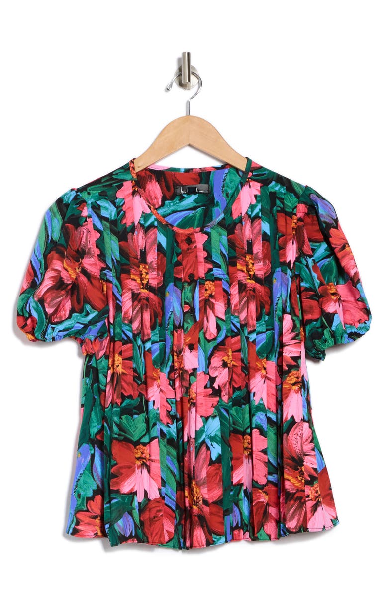 Nicole Miller Floral Puff Sleeve Pleated Top, Alternate, color, 