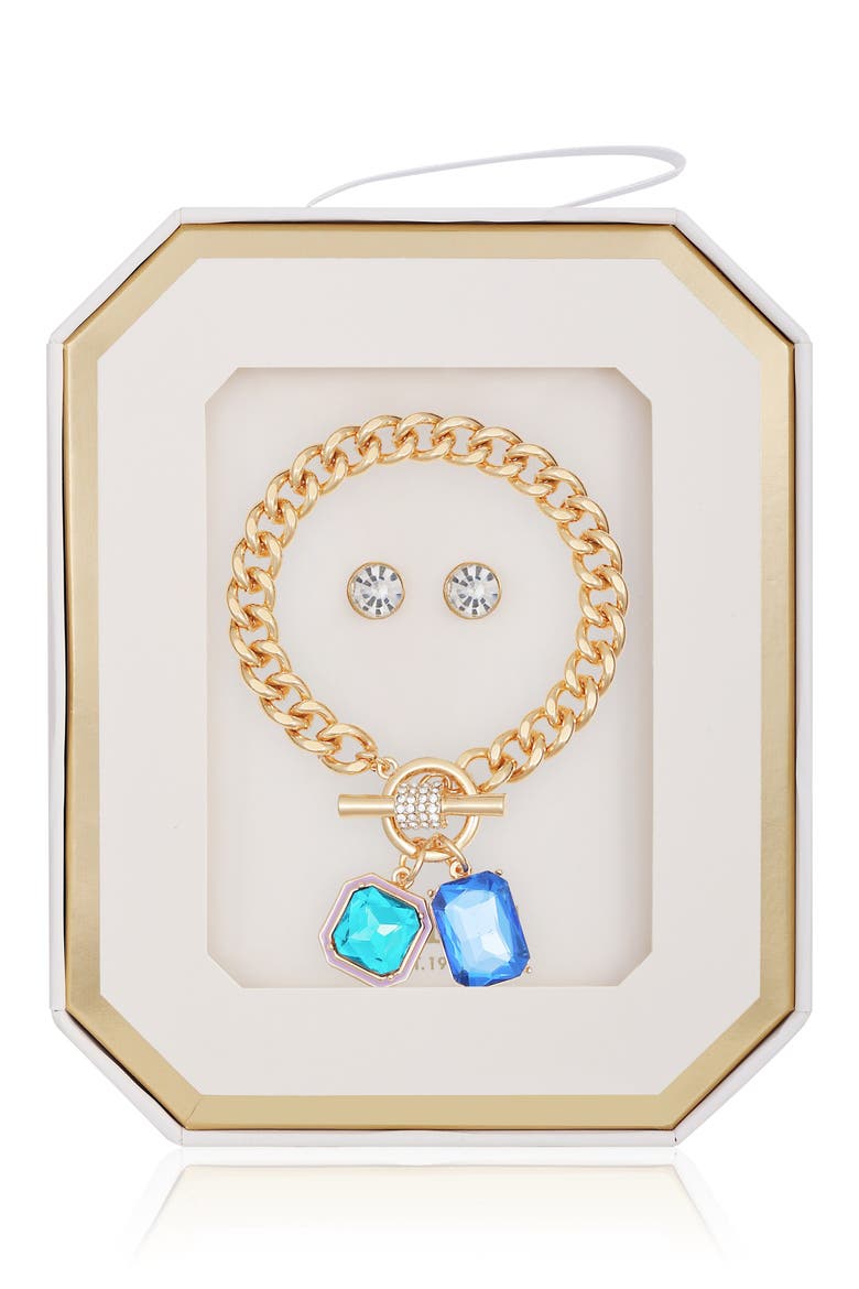 Toggle Bracelet & Stud Earrings Set, Main, color, GOLD/BLUE
