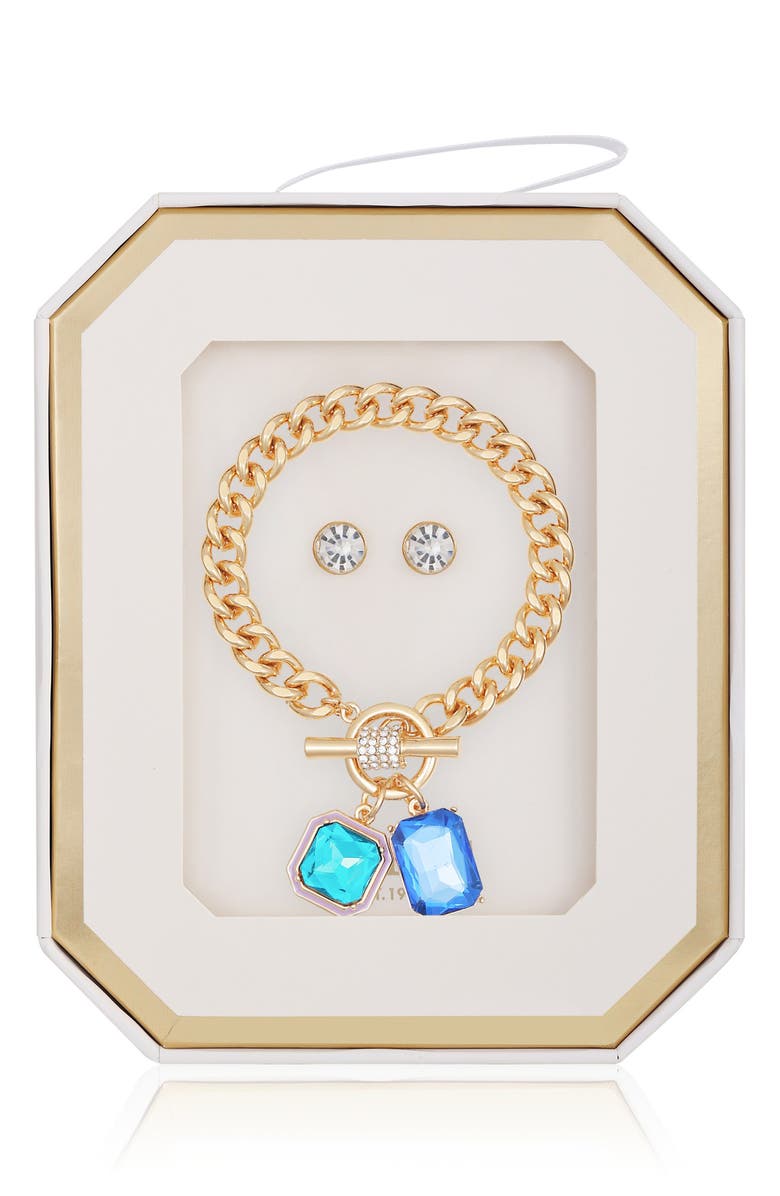 GUESS Toggle Bracelet & Stud Earrings Set, Main, color, Gold/Blue