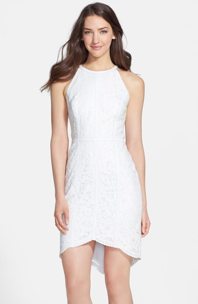 Cynthia Steffe Leather Trim Floral Raschel Lace Sheath, Main, color,