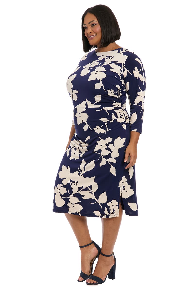 London Times Ruched Long Sleeve Midi Dress, Alternate, color, Navy/ Cream