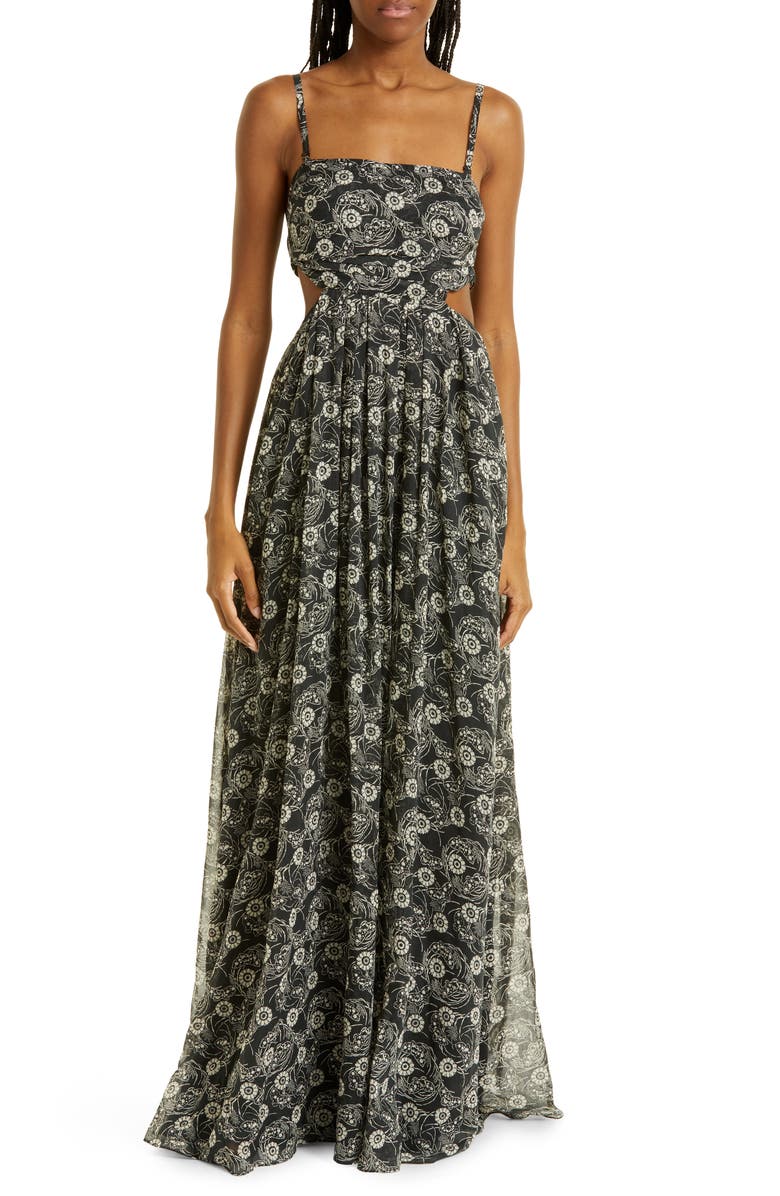 Rebecca Taylor Monarch Fleur Cutout Maxi Dress, Main, color, Monarch Fleur Black Combo