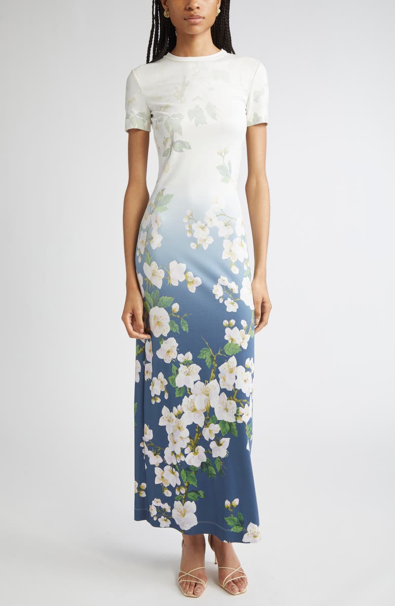 Oscar de la Renta Cherry Blossom Ombré Maxi Dress, Main, color, White Navy Ombre