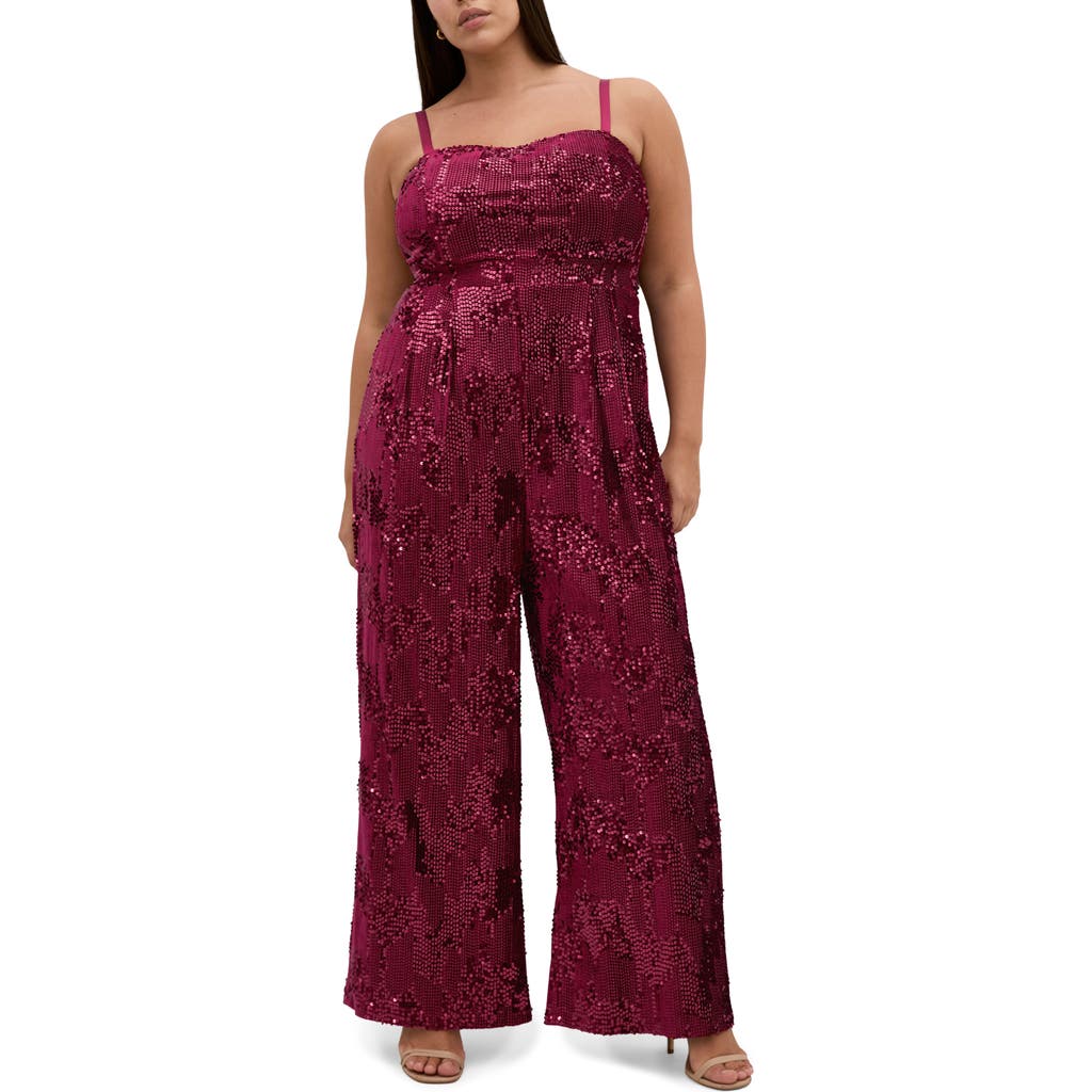 City Chic Sequin Sleeveless Wide Leg Jumpsuit In Red