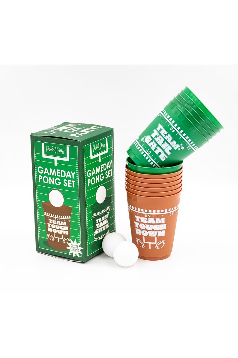 Gameday Party Pong Set - 6 Green Team Tailgate and 6 Brown Team Touchdown 16 oz Reusable Shatterproof Cups with 2 Pong Balls, BPA-Free, Main, color, Multicolor