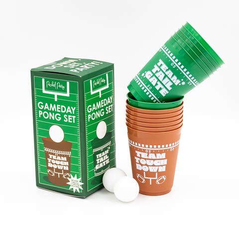 Gameday Party Pong Set - 6 Green Team Tailgate and 6 Brown Team Touchdown 16 oz Reusable Shatterproof Cups with 2 Pong Balls, BPA-Free