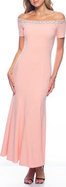 Marina Beaded Off-the-Shoulder Short Sleeve Trumpet Gown