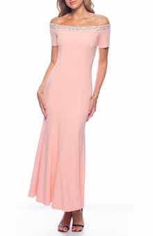 Marina Beaded Off-the-Shoulder Short Sleeve Trumpet Gown