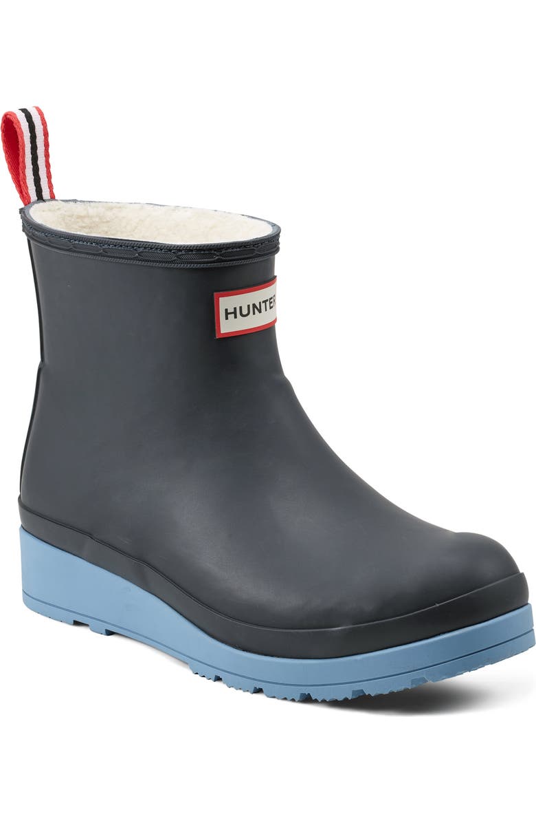 Hunter Play Short Faux Shearling Lined Waterproof Rain Boot, Main, color, Hunter Navy