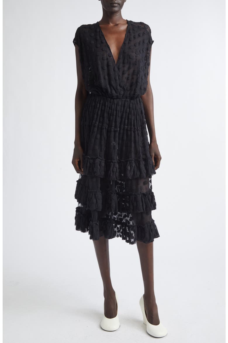 Tiered Ruffle Polka Dot Mesh Dress, Main, color, BLACK