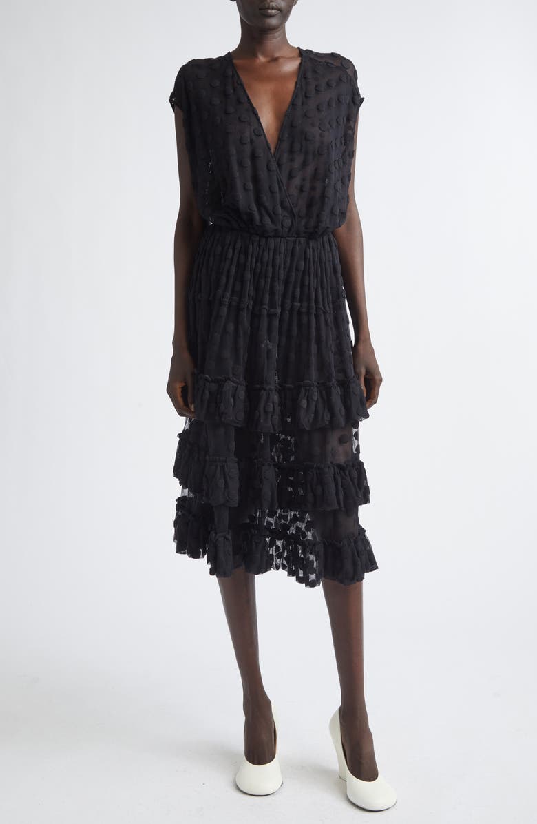 Dries Van Noten Tiered Ruffle Polka Dot Mesh Dress, Main, color, Black