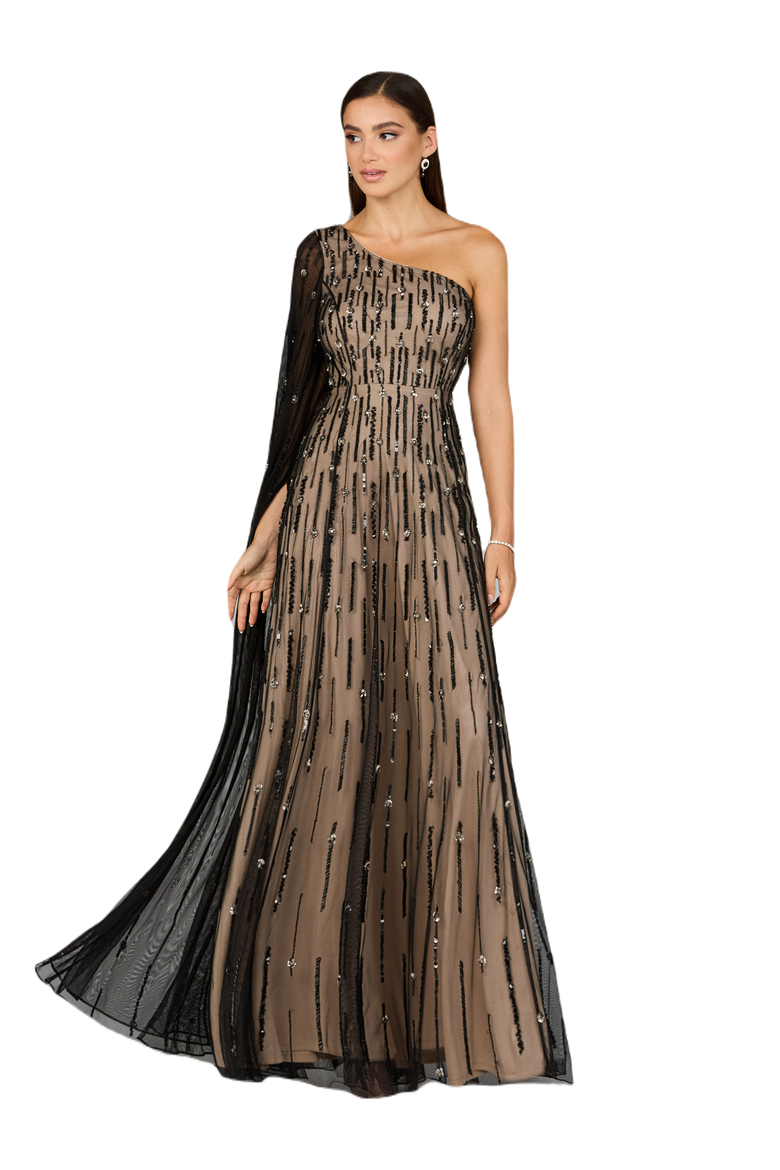 One Shoulder A-Line Gown, Main, color, Black