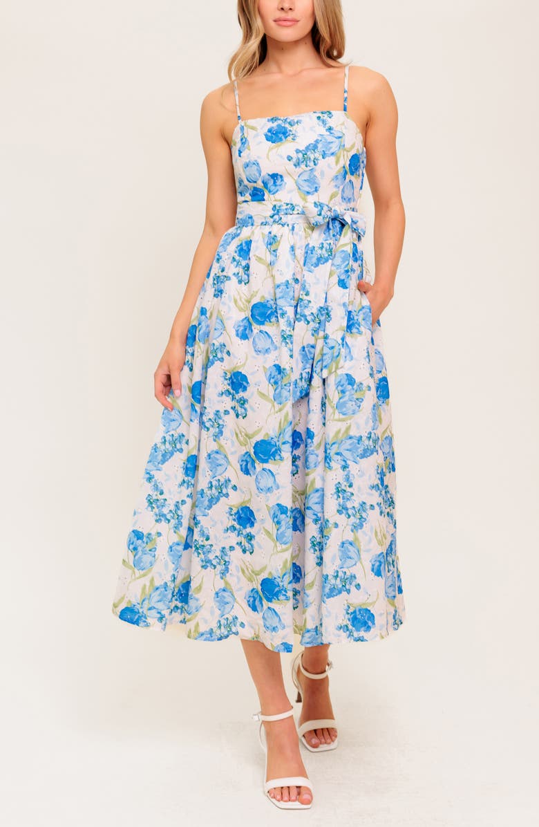 FLYING TOMATO Tie Waist Fit & Flare Midi Dress, Alternate, color, Ivory Blue