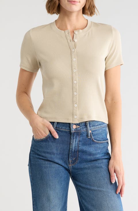 Essie Short Sleeve Button-Up Crop T-Shirt