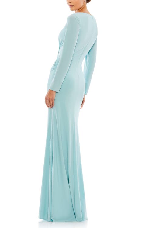 Mac Duggal Long Sleeve Ruched Jersey V-neck Gown In Powder Blue