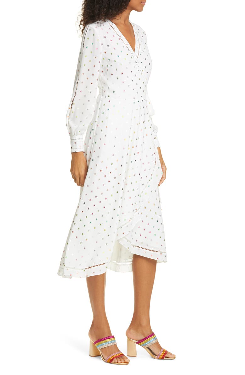 Ted Baker London Tansie Metallic Dot Long Sleeve Wrap Dress, Alternate, color, Ivory
