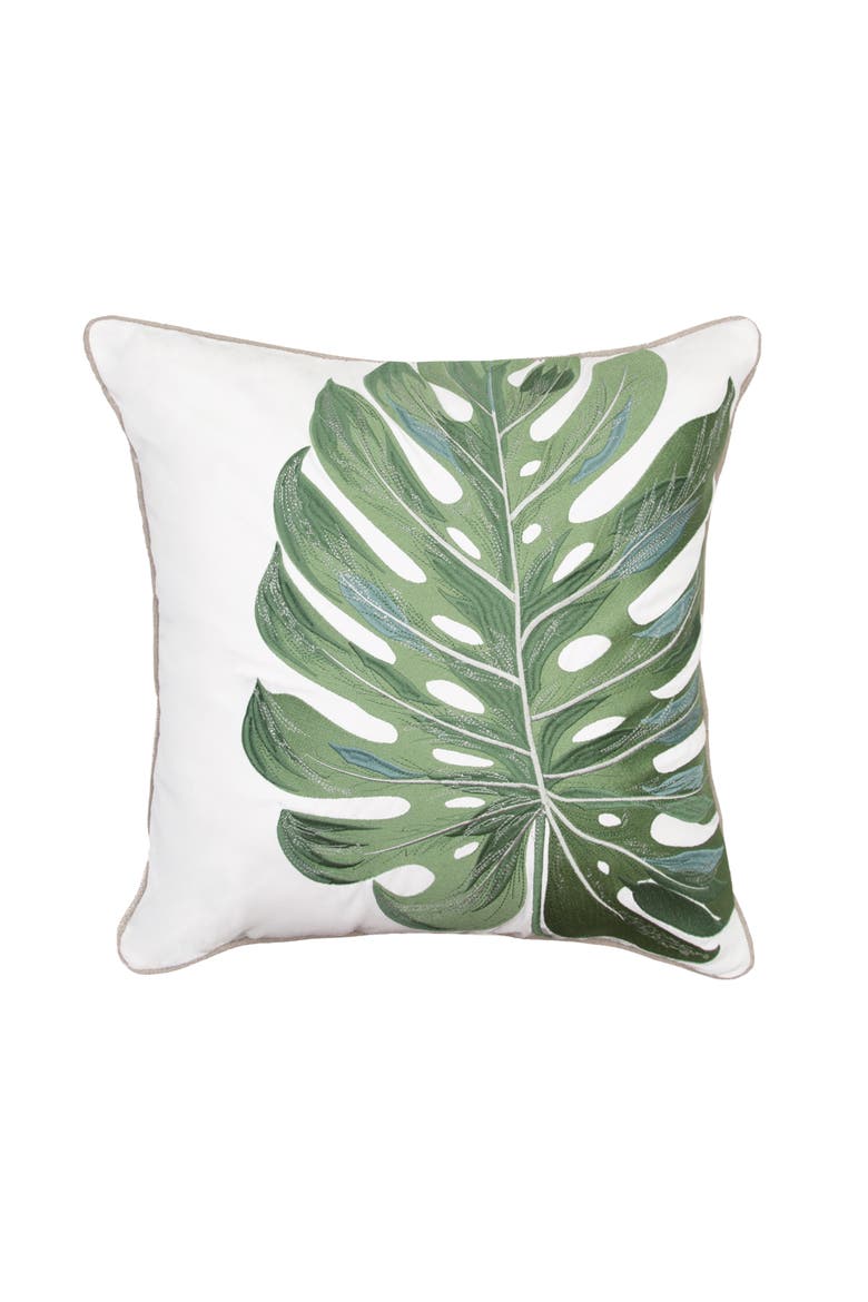 Monstera Leaf On White Indoor/Outdoor White Accent Pillow Decor, Main, color, Green