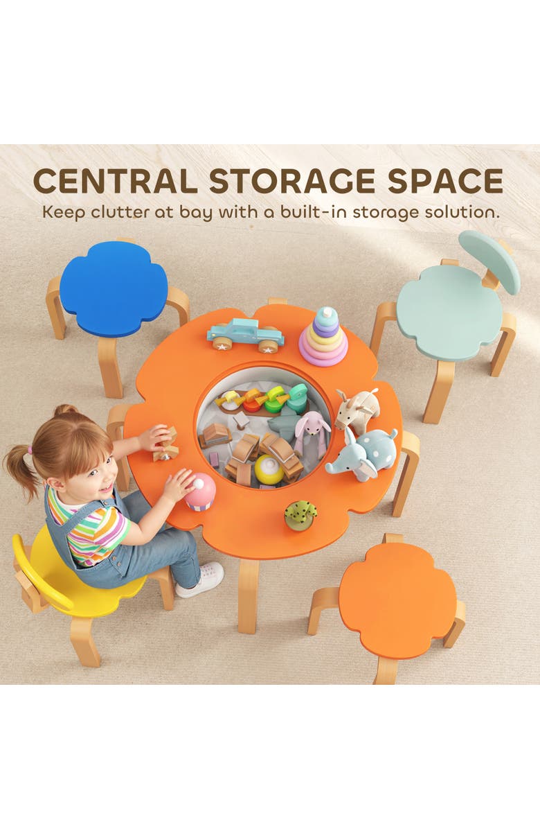 Qaba Piece Kids Table and Chairs Set Flower Shaped Toddler Table and Chair Set with Built in Storage for Drawing Reading Art Craft Activity, Alternate, color, Multi-Coloured