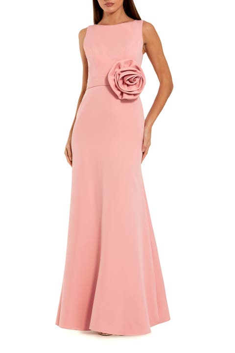 High Neck Sleeveless Crepe A Line Gown With Flower