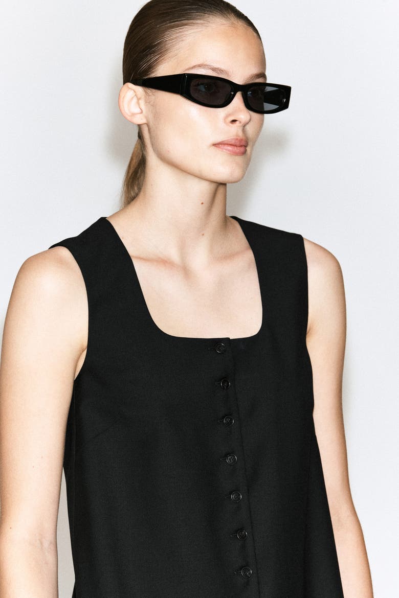 Buttoned Wool-Twill Mini Dress, Alternate, color, BLACK
