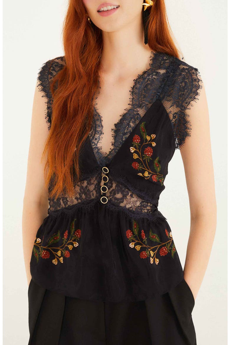 Berry Garden Lace Detail Sleeveless Top, Main, color, BLACK