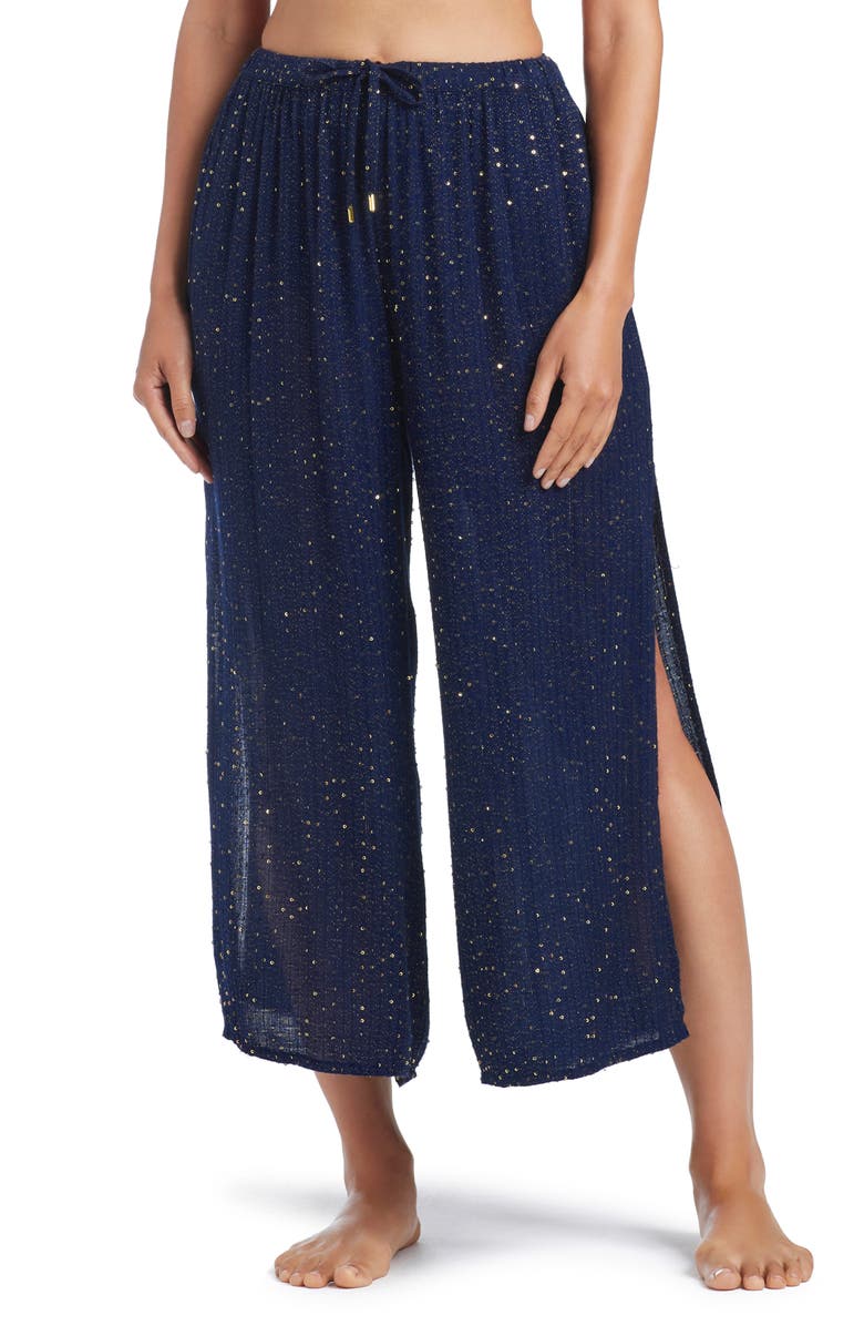 BLEU by Rod Beattie Sequin Embellished Side Slit Cover-Up Pants, Main, color, Midnight
