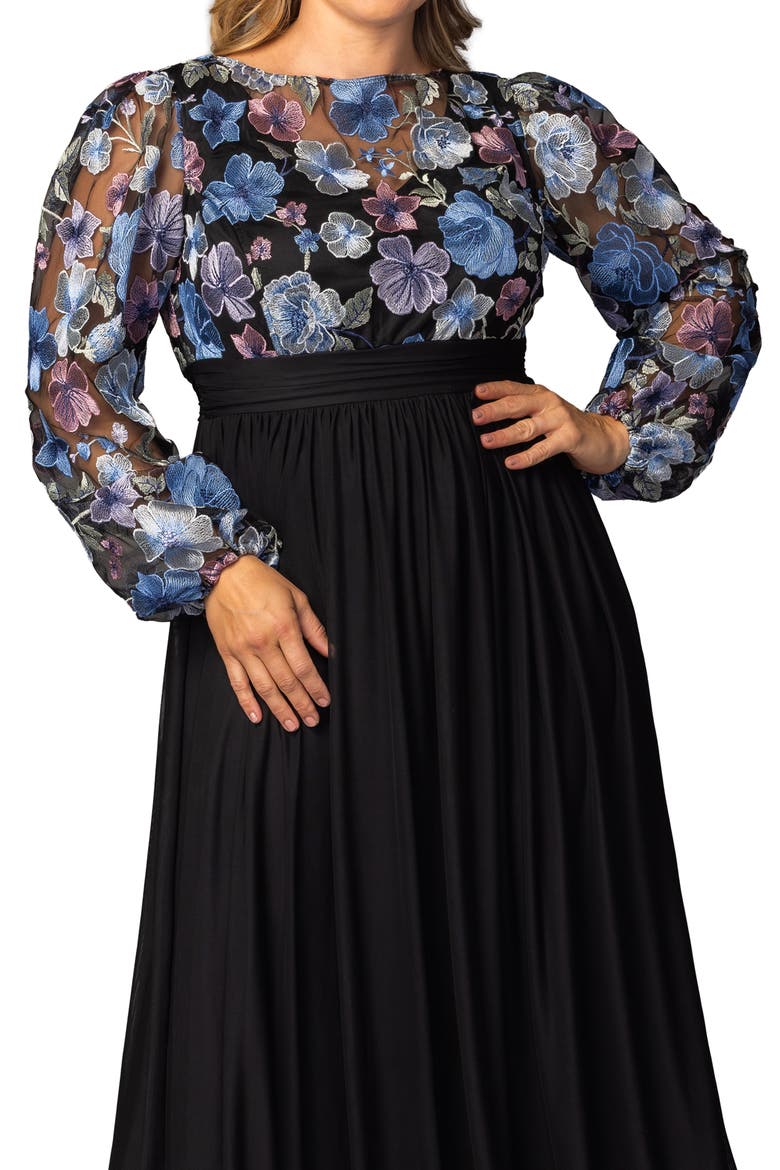 Floral Embroidered Long Sleeve Empire Waist Mesh Gown, Alternate, color, FLORAL FROLIC