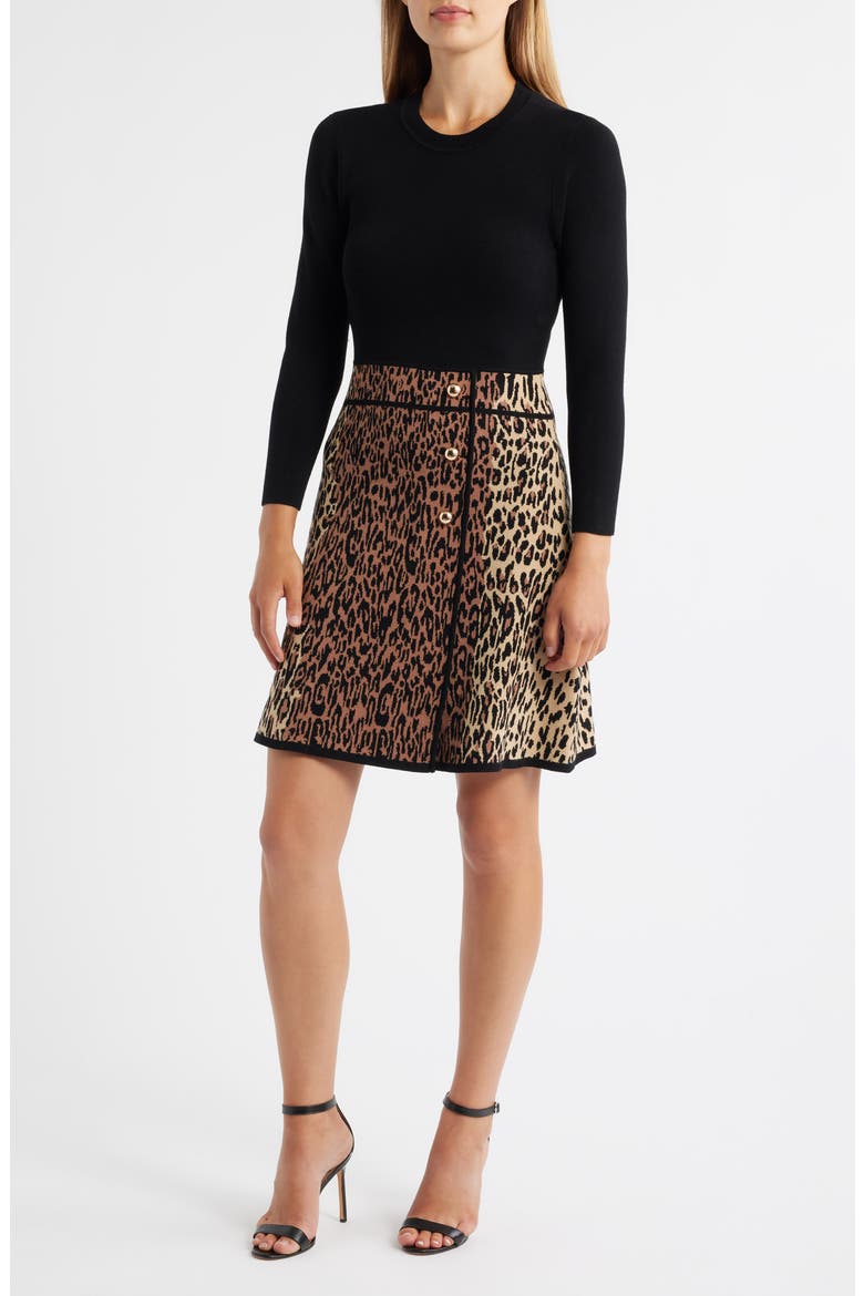 Leopard Detail Long Sleeve Sweater Dress, Main, color, ANIMAL