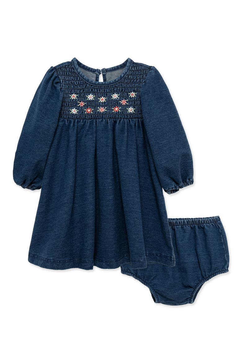 Kids' Floral Embroidered Smocked Dress & Diaper Cover Set, Main, color, DENIM