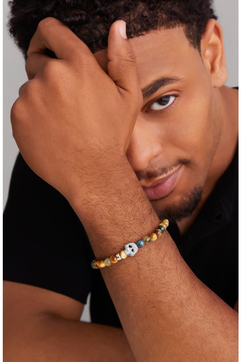 Men's Anthem Tiger's Eye Skull Stretch Bracelet, Alternate, color, STERLING SILVER